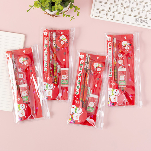 Christmas Stationery Set Pencil Eraser Sharpener Ruler Pull Side Bag Student Stationery Supplies Holiday Gift T