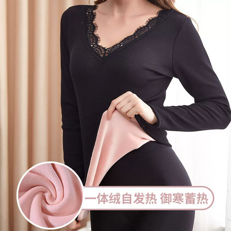 Цельное бархатное термобелье больших размеров, женское утолщенное кружевное термобелье с V-образным вырезом и длинным рукавом, однослойная Базовая рубашка с постоянной температурой, Топ