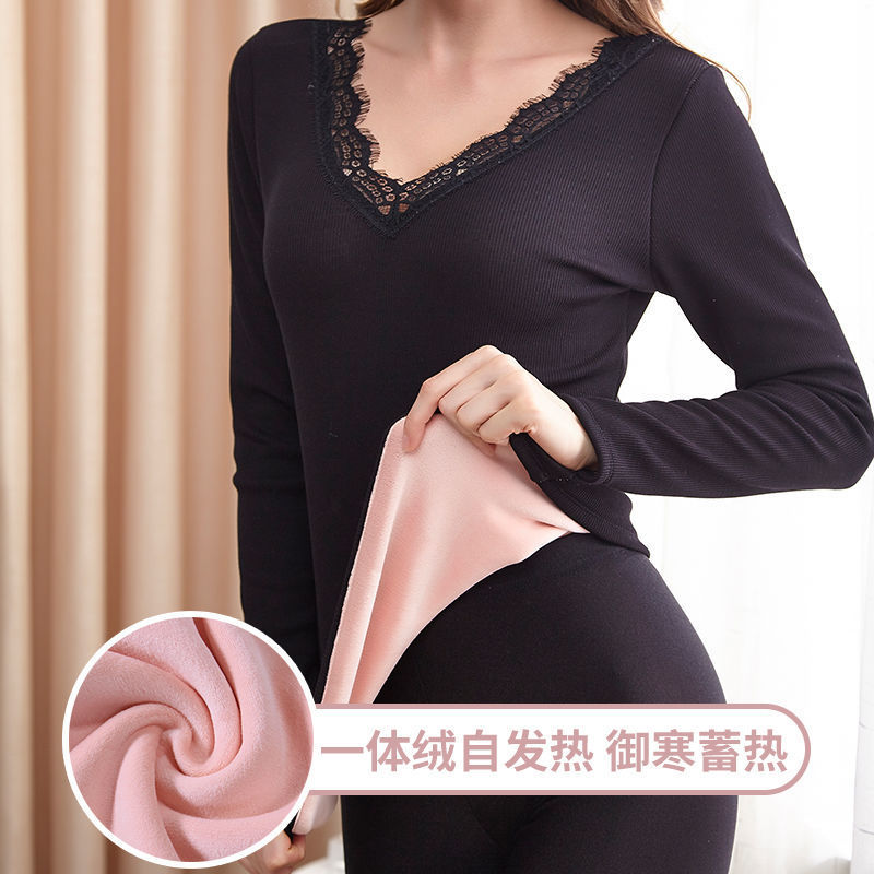 One-piece Velvet Large Size Thermal Underwear Women's Thickened V-neck Lace Long Sleeve Thermal Underwear Single Layer Constant Temperature Base Shirt Top