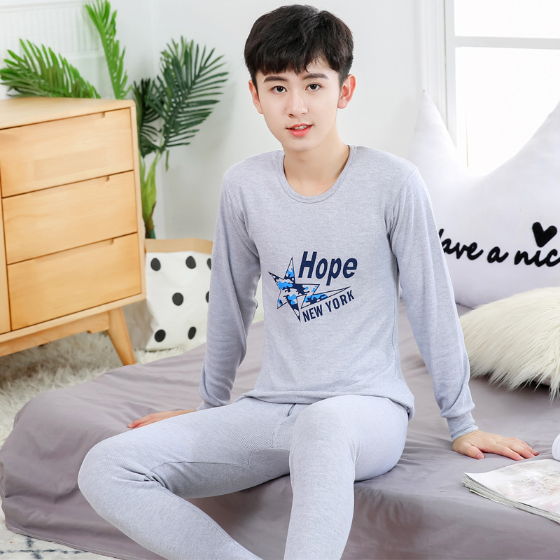 Ropa de otoño para niños medianos y grandes para hombres pantalones largos traje suéter de algodón de Cuello medio alto adolescentes estudiantes de secundaria cubierta de ropa interior cálida de algodón puro