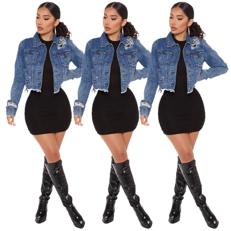 6038 Autumn and Winter New Popular Same Style Personalized Ripped Tassel Short Retro Long-Sleeved Jacket Denim Jacket