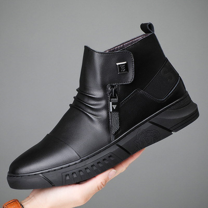 Invierno de cuero genuino de lana caliente de algodón acolchado Zapatos altos Martin botas Chelsea botas jóvenes de moda forrado de lana zapatos de los hombres zapatos de cuero