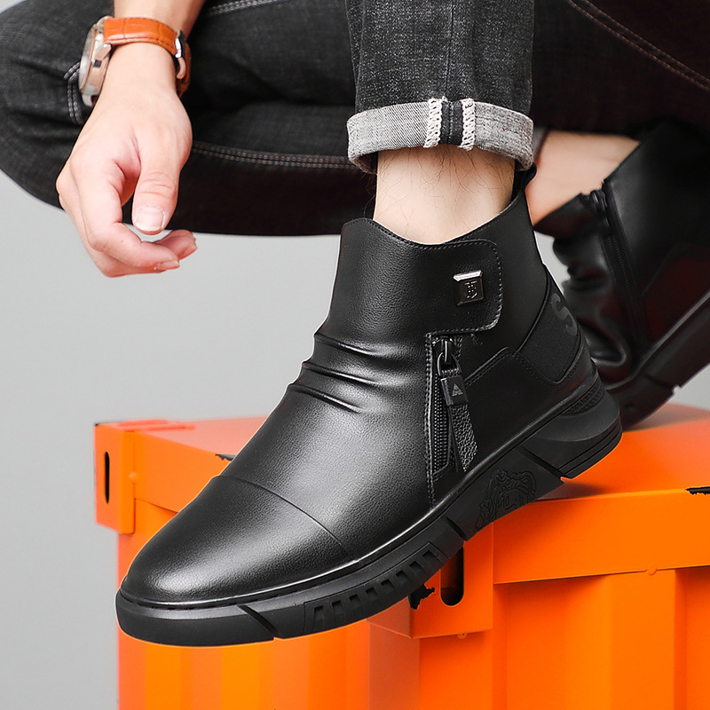 Invierno de cuero genuino de lana caliente de algodón acolchado Zapatos altos Martin botas Chelsea botas jóvenes de moda forrado de lana zapatos de los hombres zapatos de cuero