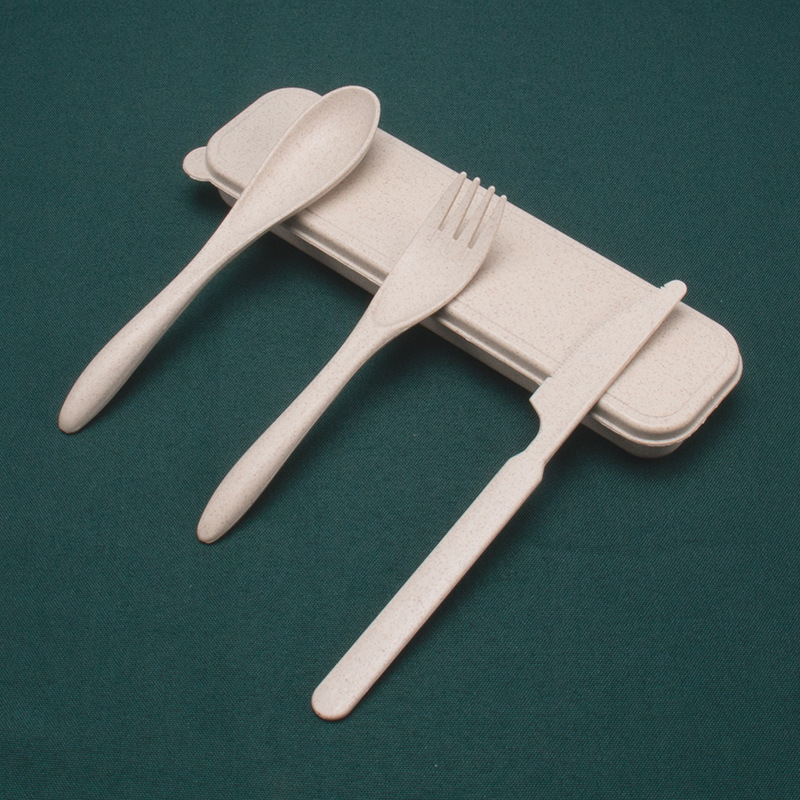 Cuchillo diario de trigo, tenedor y cuchara conjunto de tres piezas cuchillo de cena portátil de viaje para estudiantes, tenedor de fideos, cuchara de sopa 3 piezas logo