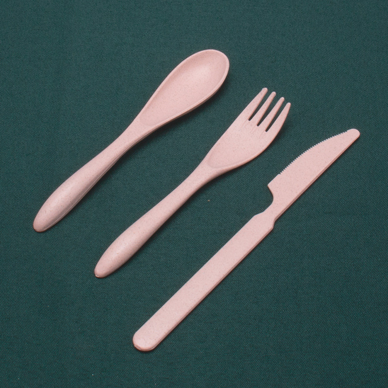 Cuchillo diario de trigo, tenedor y cuchara conjunto de tres piezas cuchillo de cena portátil de viaje para estudiantes, tenedor de fideos, cuchara de sopa 3 piezas logo