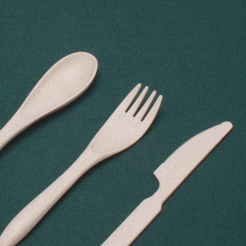 Cuchillo diario de trigo, tenedor y cuchara conjunto de tres piezas cuchillo de cena portátil de viaje para estudiantes, tenedor de fideos, cuchara de sopa 3 piezas logo