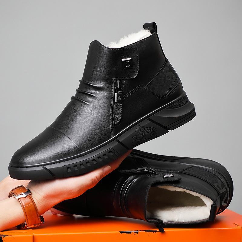 Invierno de cuero genuino de lana caliente de algodón acolchado Zapatos altos Martin botas Chelsea botas jóvenes de moda forrado de lana zapatos de los hombres zapatos de cuero