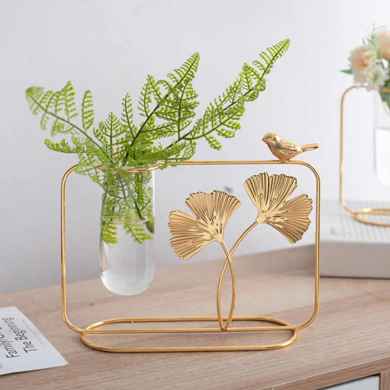 Jarrón decorativo, adornos de hojas de ginkgo, soporte de hierro para flores, arreglo floral, jarrón de vidrio, plantas verdes hidropónicas, recipiente para flores secas