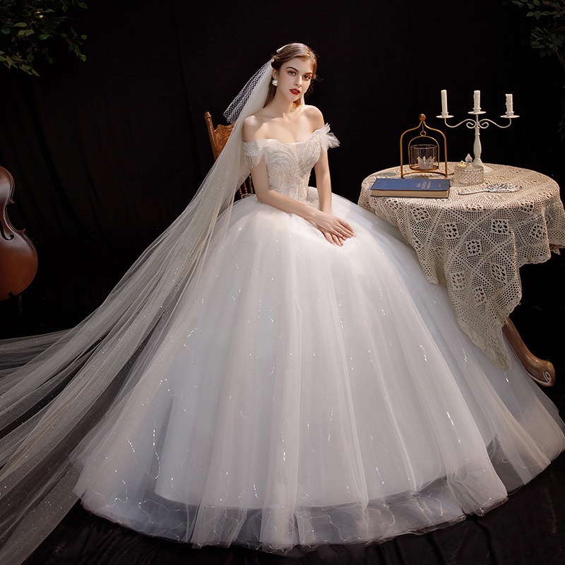 [Wedding Dress] Wholesale Leaky Shoulder Deep V-neck Transparent Mesh Wedding Dress Sequins Tight Waist Strap Slim Wedding Dress