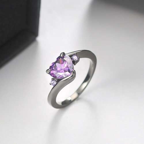 European and American popular black gold women's ring heart shape purple zircon ring Amazon hot selling jewelry wholesale