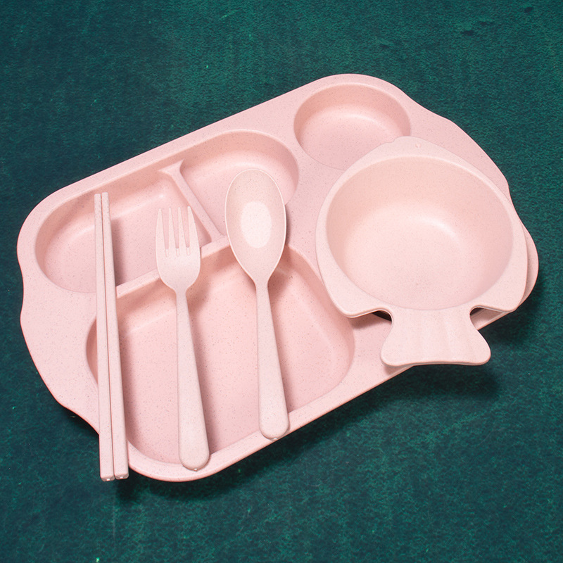 Paja DE TRIGO vajilla para niños cinco piezas traje separado plato pecera palillos tenedor cuchara engrosada Anti-escaldado 5 piezas creativas image 8
