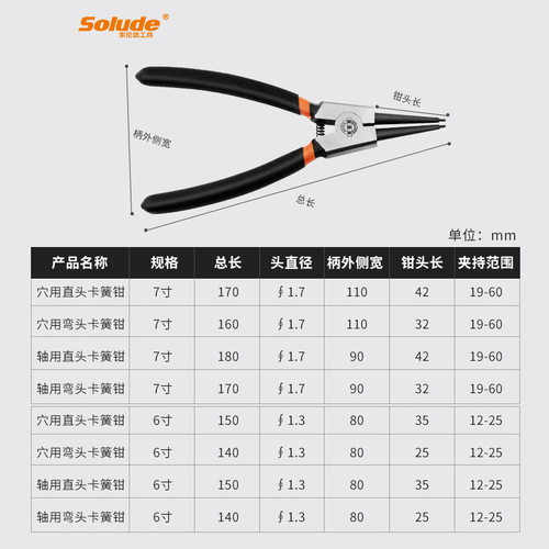 Solund's 7-inch shaft hole with internal and external straight and internal curved clamping ring pliers, multi-functional four-piece set, circlip pliers