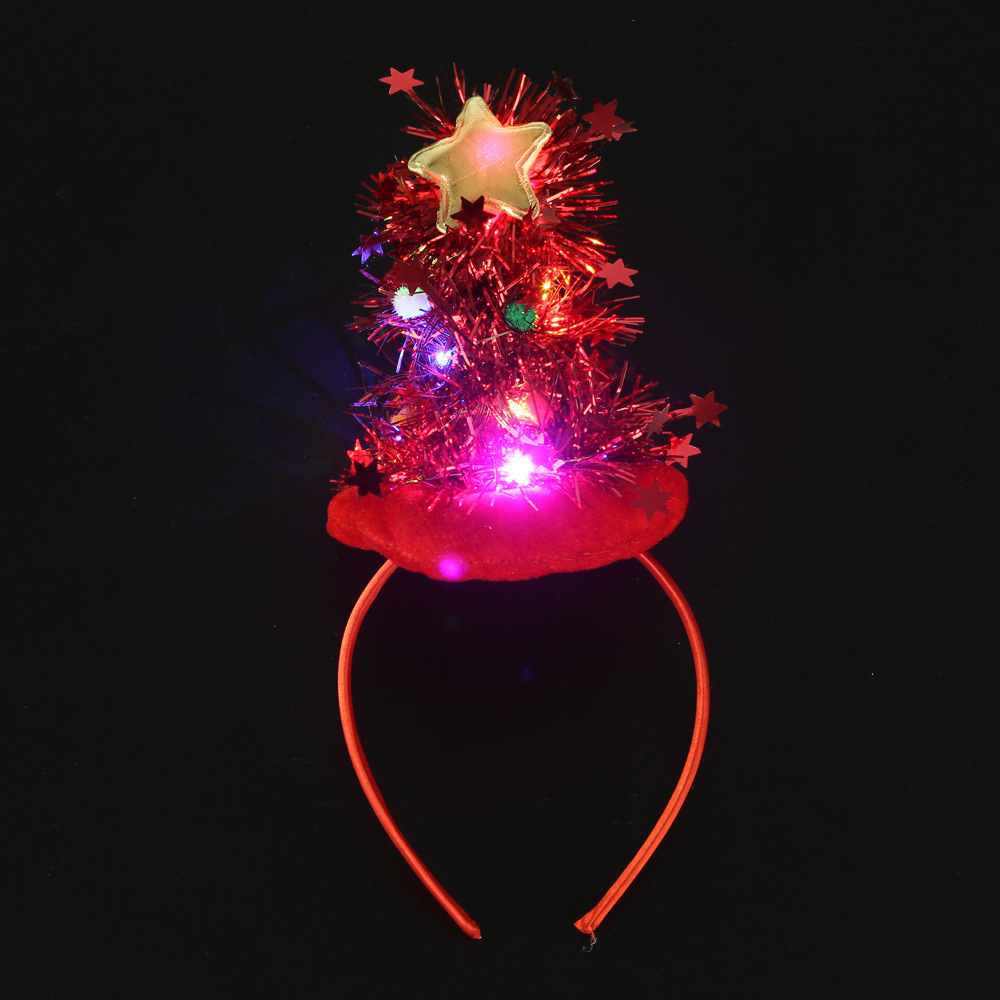 RL520 Navidad diadema de terciopelo dorado + tela brillante seda pegajosa estrella de cinco puntas bola luminosa árbol de Navidad sombrero diadema