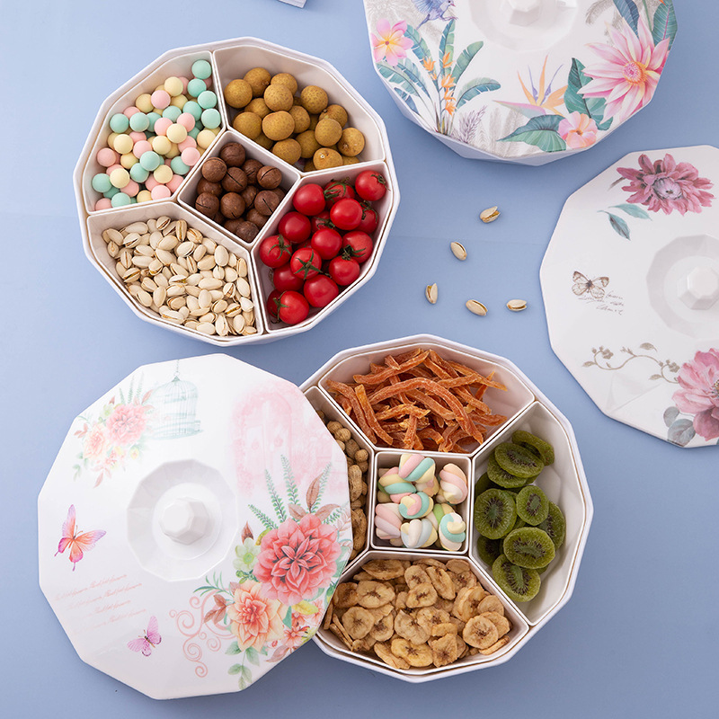 密胺干果盘创意家用客厅分格带盖干果盒新年婚庆喜糖零食收纳盒