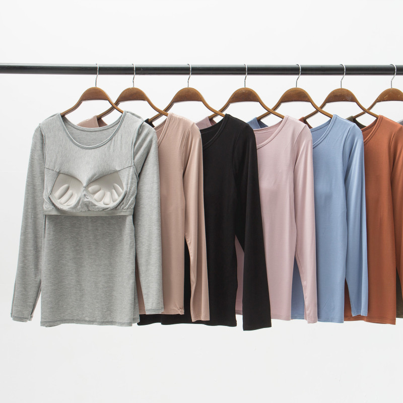 带胸垫莫代尔长袖打底衫秋冬可外穿女免文胸罩杯一体无钢圈睡衣