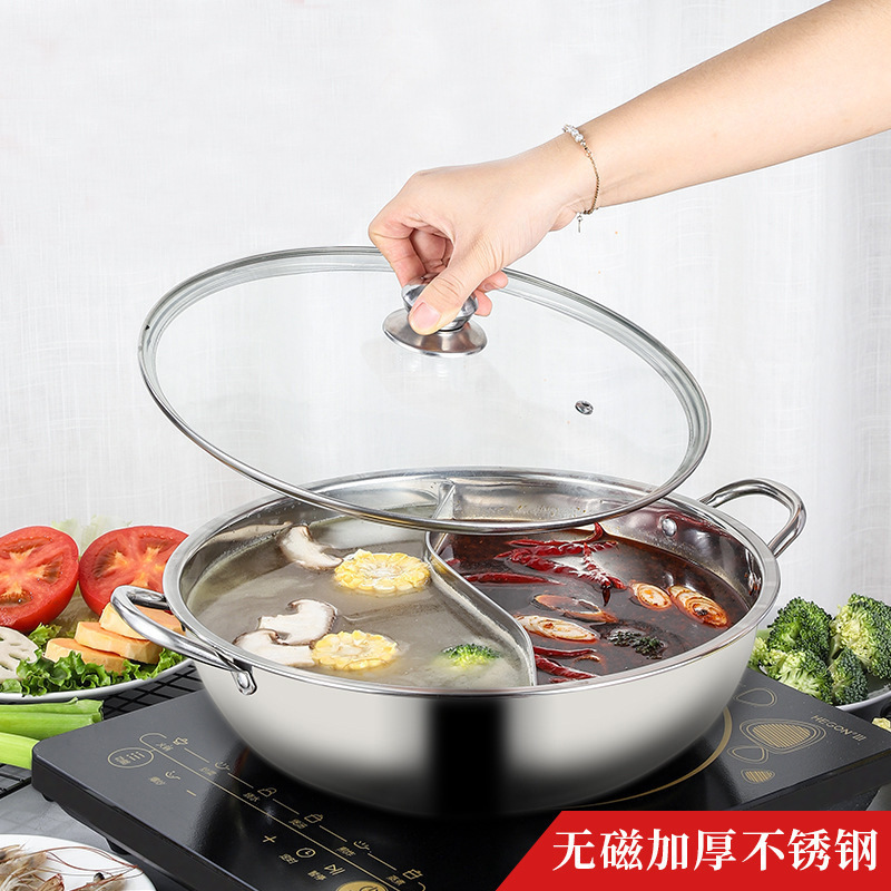 Stainless Steel Yuanyang Pot Hot Pot Basin Household Induction Cooker Binaural Clear Soup Spicy Hot Pot Thickened Large Capacity Cross-Border