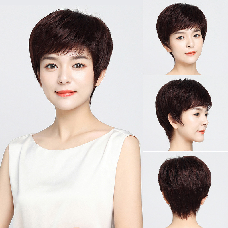 Miaoyang Middle-aged and Elderly Mother's Wig Cover Short Straight Hair Invisible Natural Stellific Mesh Full-hand Woven Real-person Hair Wig Headgear
