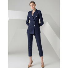 EWY职业装藏青色小西装外套女韩版双排扣西服套装气质面试正装OL