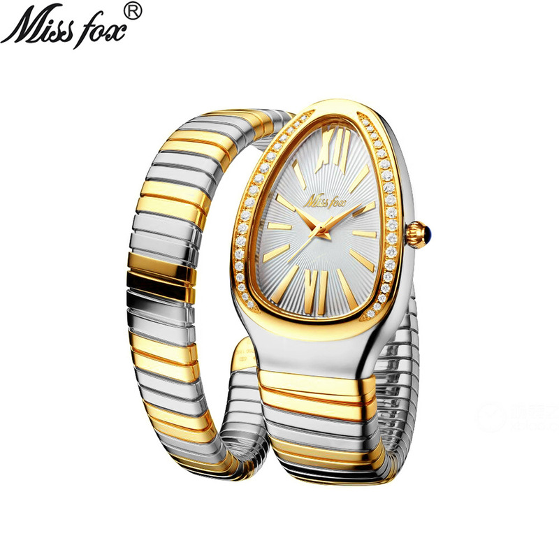 MISSFOX Watch Middle East Explosions Women's Fashion Personality Snake Head Bracelet Stainless Steel Diamond Snake Watch Women