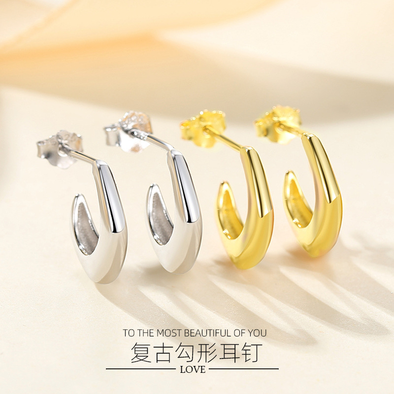 S925 pendientes de plata pendientes en forma de gancho creativo tridimensional de metal geométrico simple oro brillante pendientes