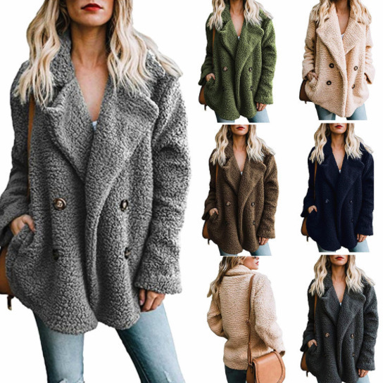 Platform Autumn and Winter Cross-border New Amazon Explosions Women's Plush Button Lapel Pocket Solid Color Coat Top