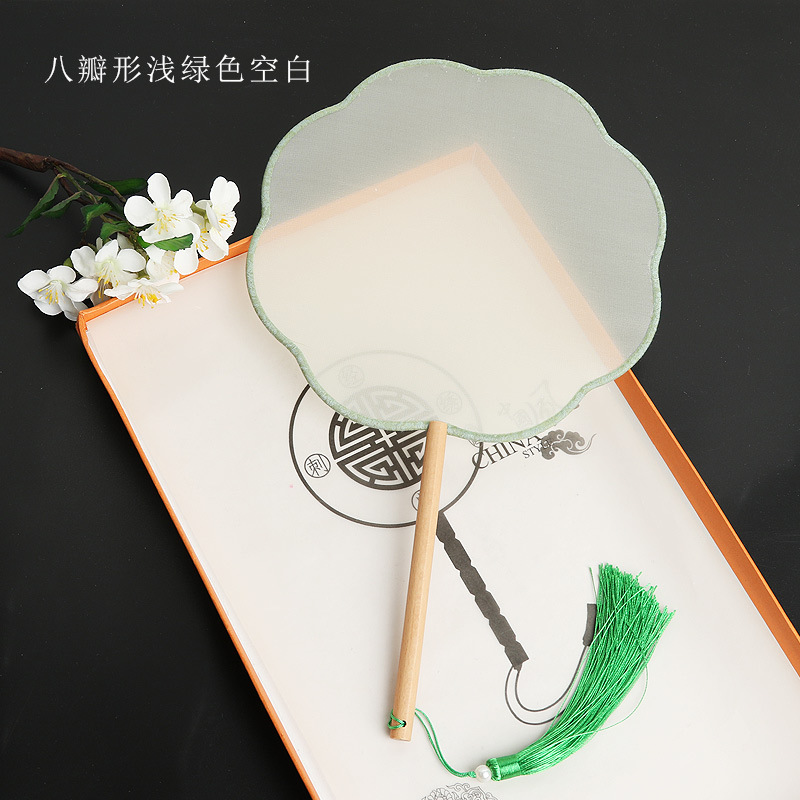 Pintado a mano estilo antiguo ventilador en blanco al por mayor pluma fina pintura a mano alzada superficie de ventilador de caligrafía mango largo ventilador redondo hecho a mano material de bricolaje