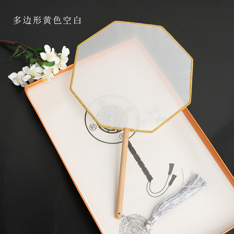 Pintado a mano estilo antiguo ventilador en blanco al por mayor pluma fina pintura a mano alzada superficie de ventilador de caligrafía mango largo ventilador redondo hecho a mano material de bricolaje