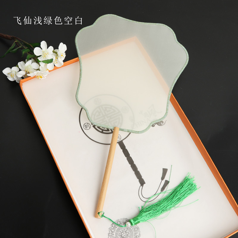 Pintado a mano estilo antiguo ventilador en blanco al por mayor pluma fina pintura a mano alzada superficie de ventilador de caligrafía mango largo ventilador redondo hecho a mano material de bricolaje