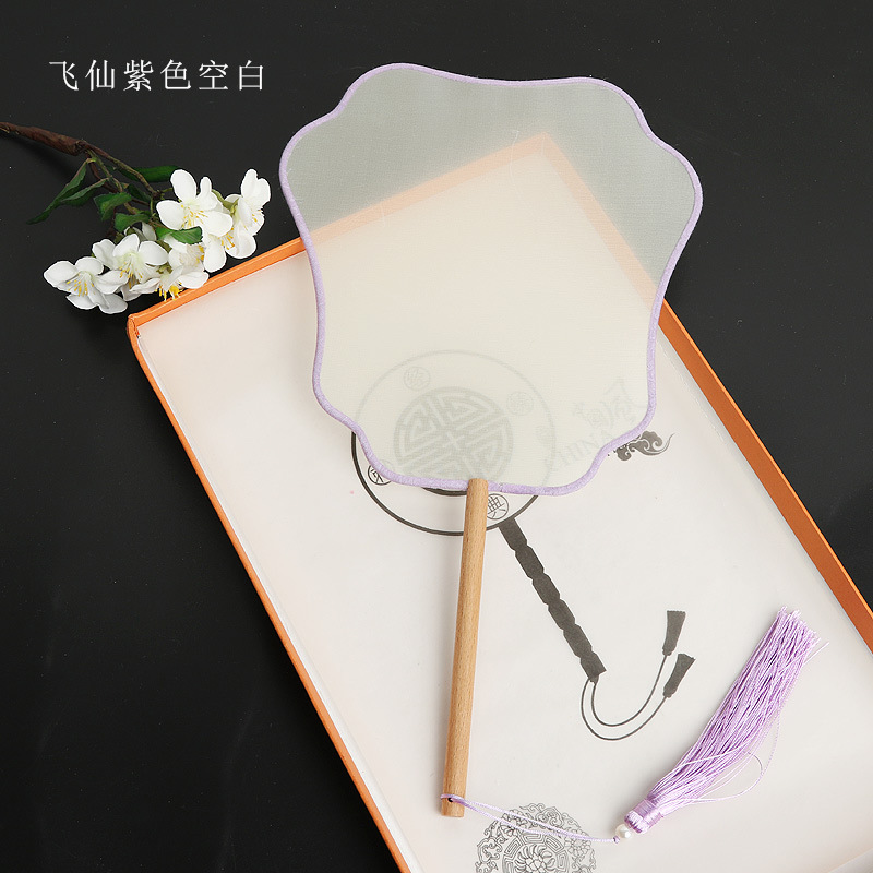 Pintado a mano estilo antiguo ventilador en blanco al por mayor pluma fina pintura a mano alzada superficie de ventilador de caligrafía mango largo ventilador redondo hecho a mano material de bricolaje