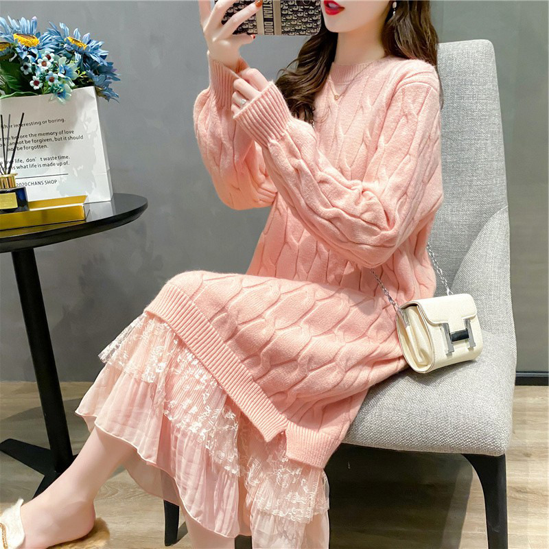 Mid-Length Lace Patchwork Sweater Dress for Women, 2025 Autumn New Korean Style Solid Color Cable Knit Pullover for Outerwear