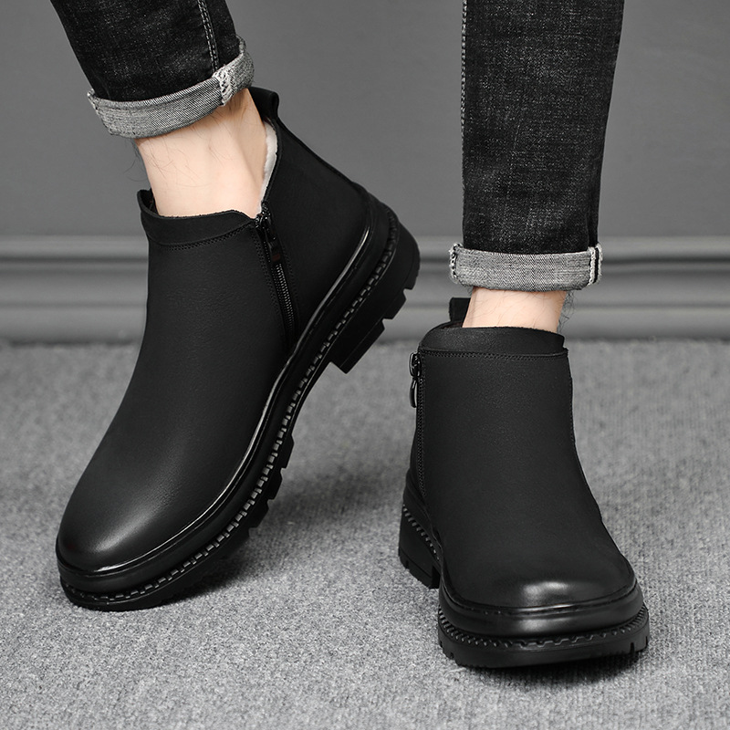 Nuevo invierno primera capa de piel de vaca de lana de los hombres zapatos de algodón forrado de lana caliente Martin botas cortas Chelsea zapatos de los hombres de moda