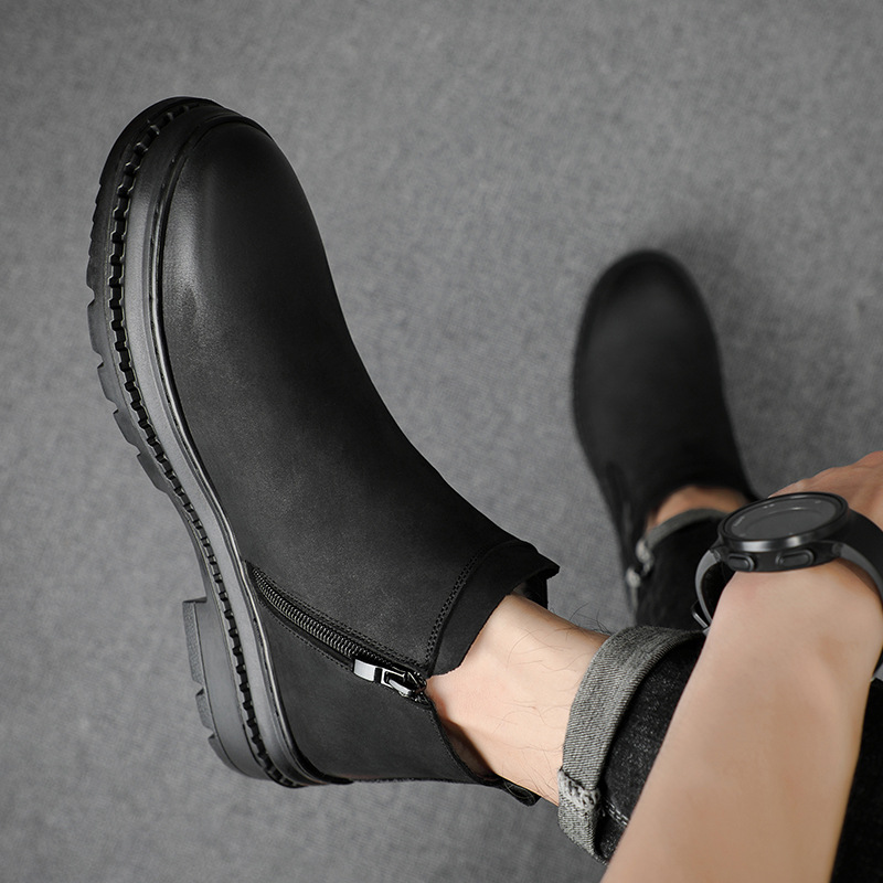 Nuevo invierno primera capa de piel de vaca de lana de los hombres zapatos de algodón forrado de lana caliente Martin botas cortas Chelsea zapatos de los hombres de moda