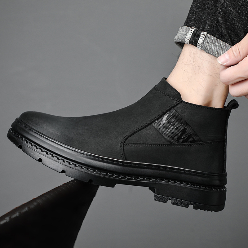 Nuevo invierno primera capa de piel de vaca de lana de los hombres zapatos de algodón forrado de lana caliente Martin botas cortas Chelsea zapatos de los hombres de moda