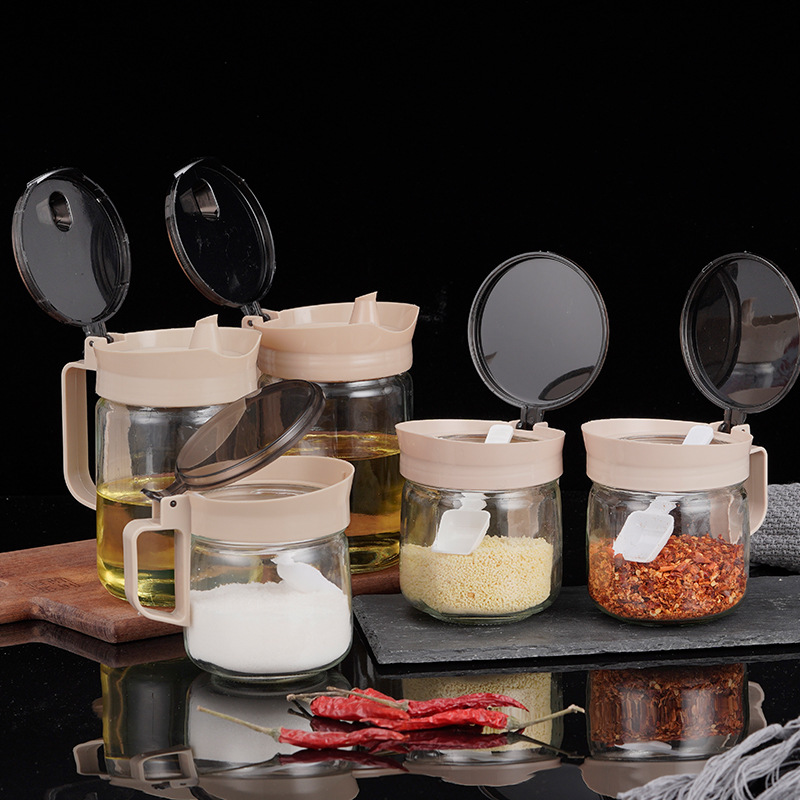 Tarro de condimento de vidrio de cocina traje de hogar integrado frasco de sal sellado con tapa frasco de botella de condimento con cuchara