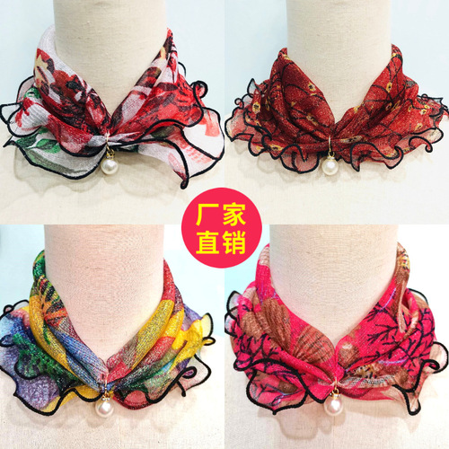 Pearl wood ear-edge gold silk scarf gold thread lace versatile scarf fashion scarf square scarf multi-purpose silk scarf wholesale