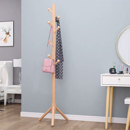 Floor-standing Beechwood Simple Coat Rack Home Living Room Wooden Coat Rack Nordic Style Portable Solid Wood Clothes Rack 