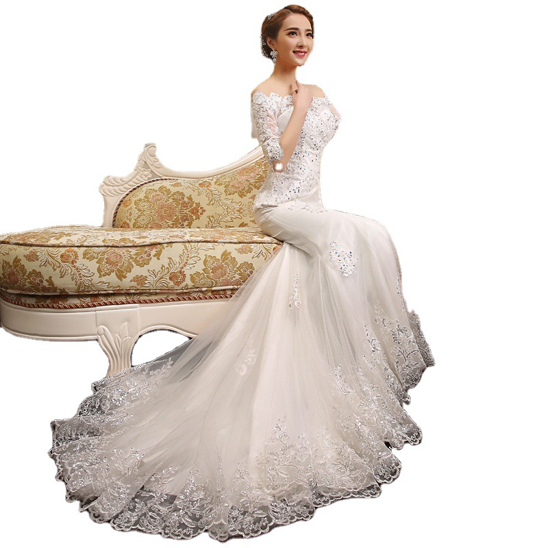 Wholesale White One-Shoulder Collar Wedding Dress 2025 New Korean Style Mid-Sleeve Fishtail Bride Wedding Slimming Look