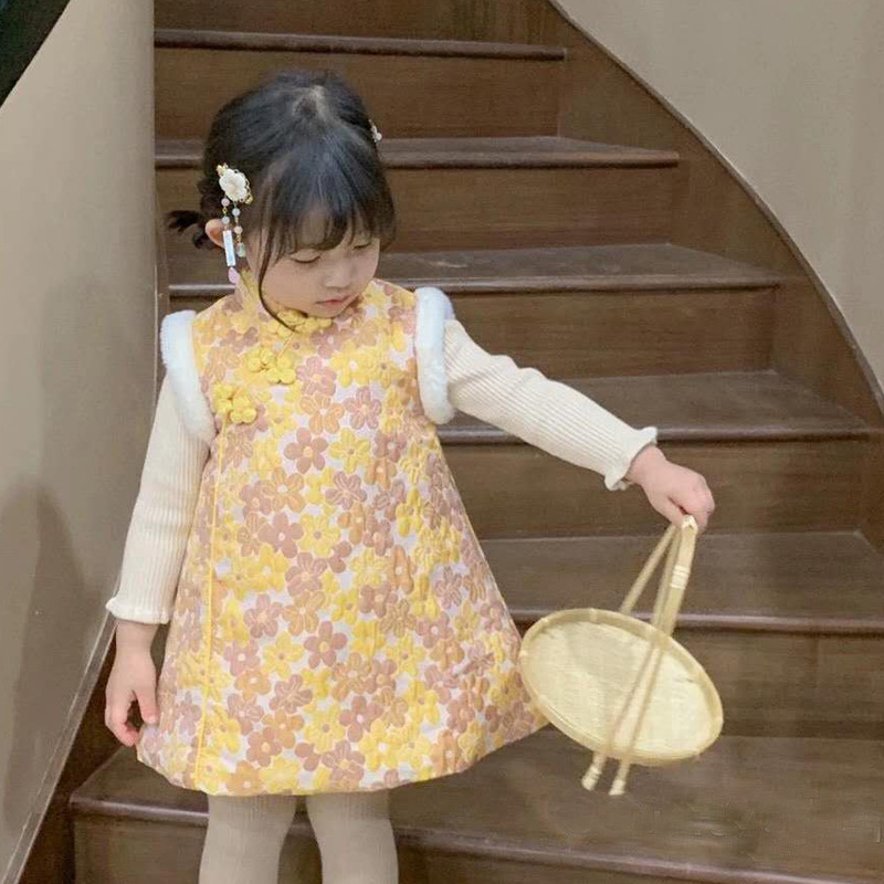 Ropa de Año Nuevo para niñas Traje de espiga Ropa de Año Nuevo Otoño e Invierno para niños Vestido cheongsam con forro polar Niña estilo chino hanfu