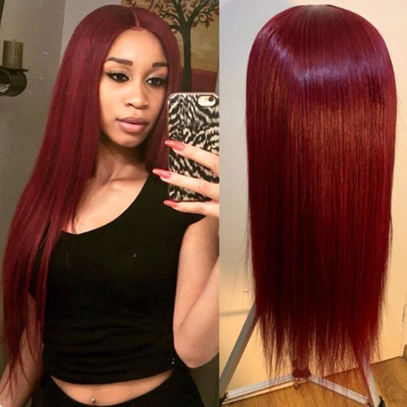 Cheap Wig for Women, European and American Style, Long Wine Red Hair, Middle Part, Long Straight Hair, Synthetic Fiber Headpiece, Cos Performance Wig
