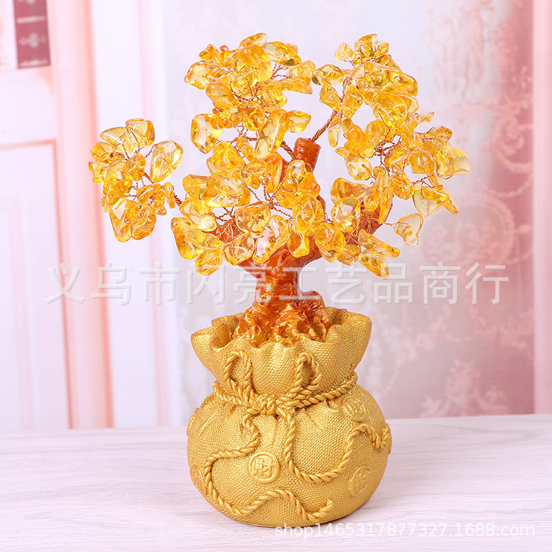 In-Stock Small Money Bag Citrine Fortune Tree Decoration Money Tree Ornament Opening Business Fortune Tree Ornament Manufacturer Wholesale