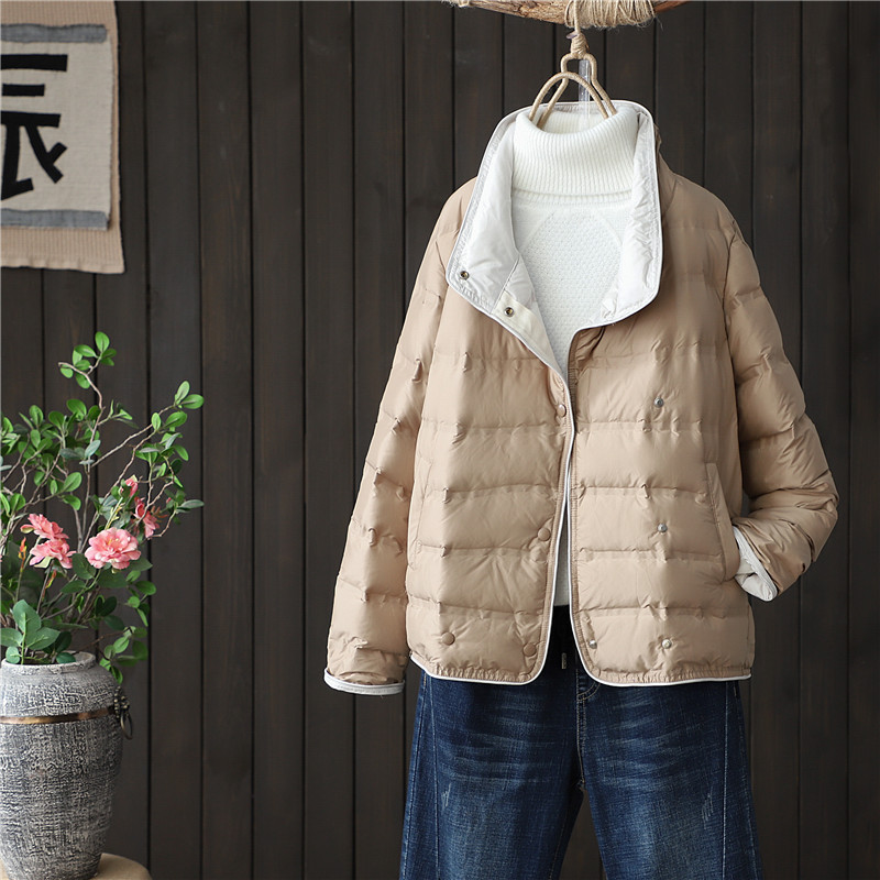 跨境秋冬新款压胶立领轻薄时尚短款羽绒服女拼色翻领白鸭绒外套潮