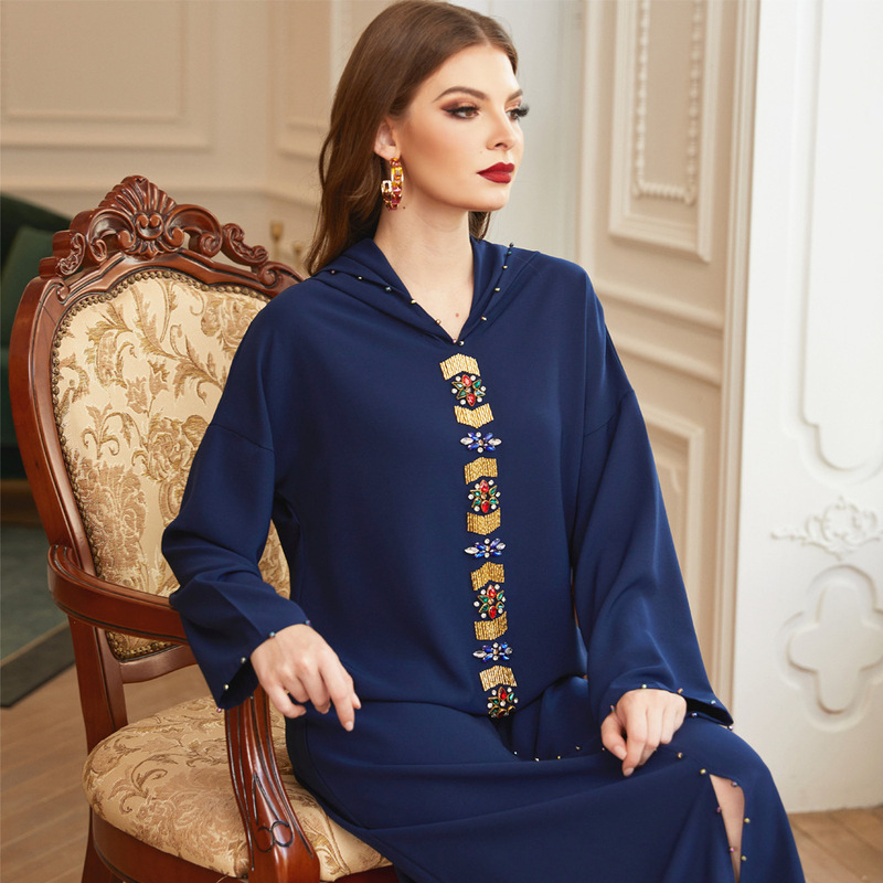 Ba304 Navy Blue and Gold Tube Top Moroccan Style Hand-Stitched Embellished Robe Women's Clothing