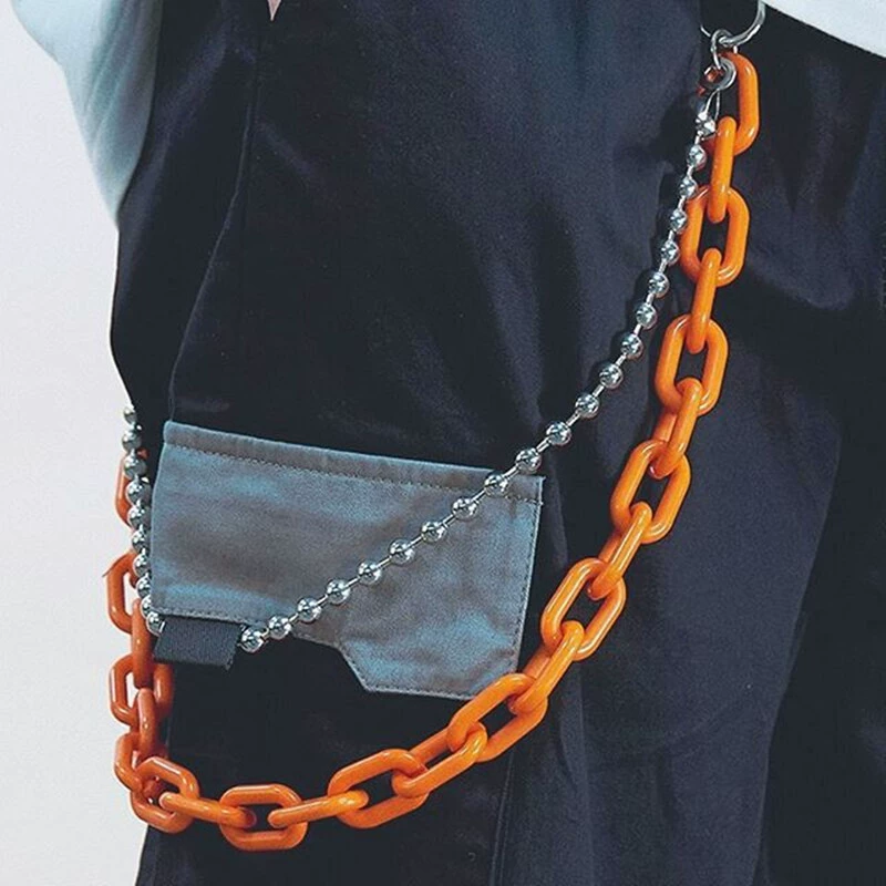 Tide, retro acrylic green chain, fluorescence sports trousers hip-hop style