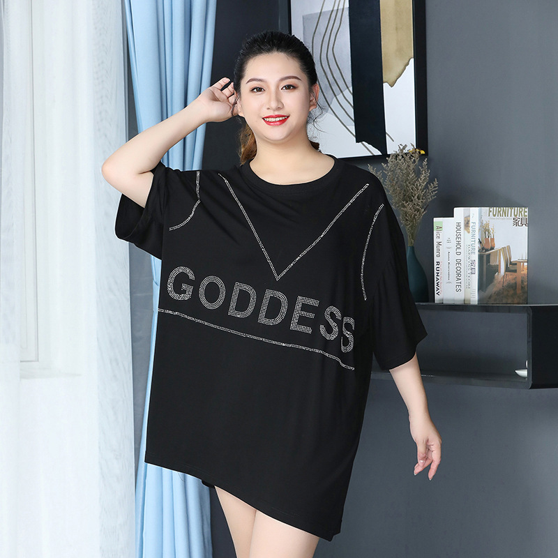 2021春夏新款大码女装T恤中长款时尚烫钻裙一件代发短袖胖妹妹潮