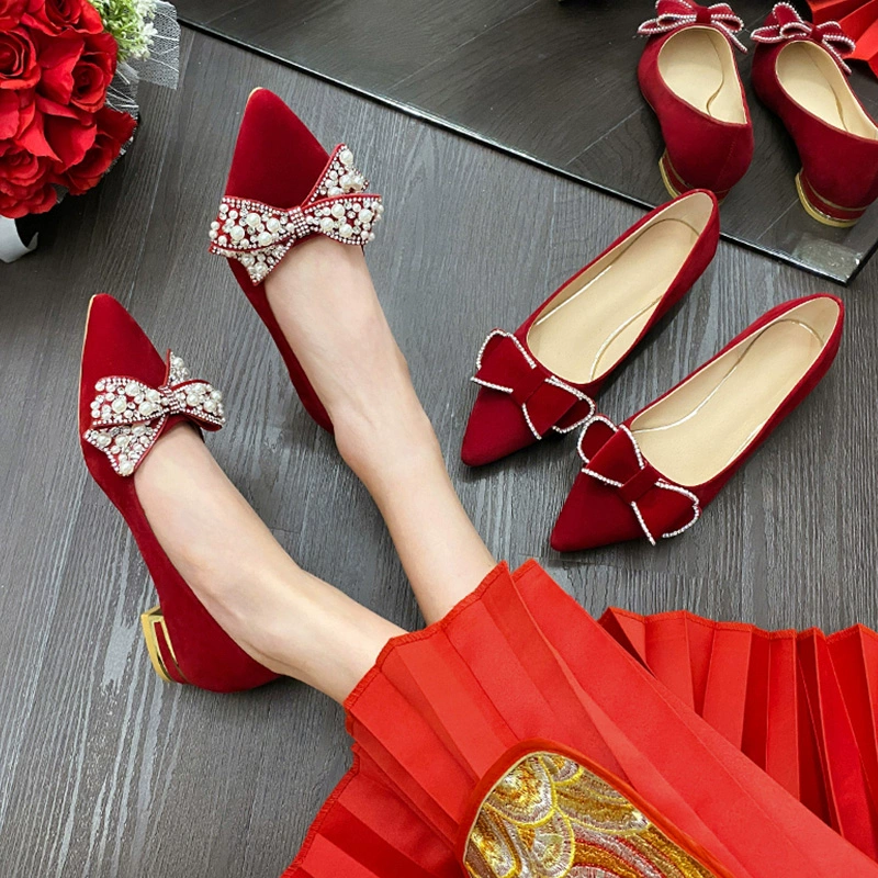 Свадебные туфли женские на массивном каблуке 2023 новые свадебные туфли не уставшие ноги на плоской подошве винно-красный каблук Xiuhe свадебное платье Двусторонняя одежда
