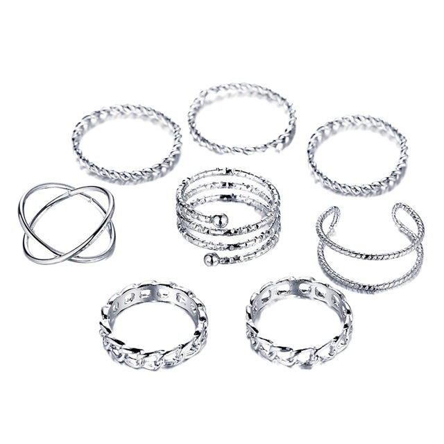 European and American Cross-Border New Creative Retro Simple Multi-Layered Cross-Opening Twist Joint Ring Set 8-Piece Set