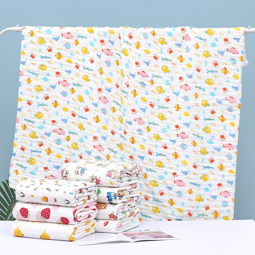 Six-layer children's quilt gauze cuddle quilt pleated cotton towel quilt seersucker bath towel cartoon print blanket 110*110