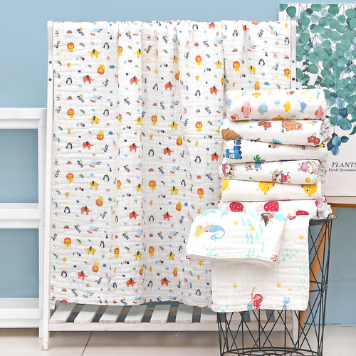 Six-layer children's quilt gauze cuddle quilt pleated cotton towel quilt seersucker bath towel cartoon print blanket 110*110