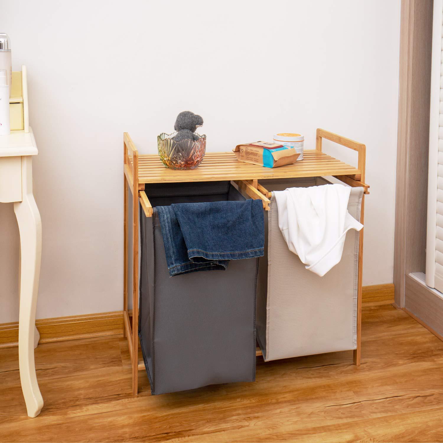 Dirty Clothes Storage Bamboo Cloth Extendable Folding Large Double-Layer Hanging Basket Bamboo laundry Basket