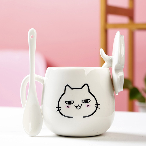 Creative mug, cute expression ceramic mug, water cup with lid, spoon, tea cup, women's coffee cup